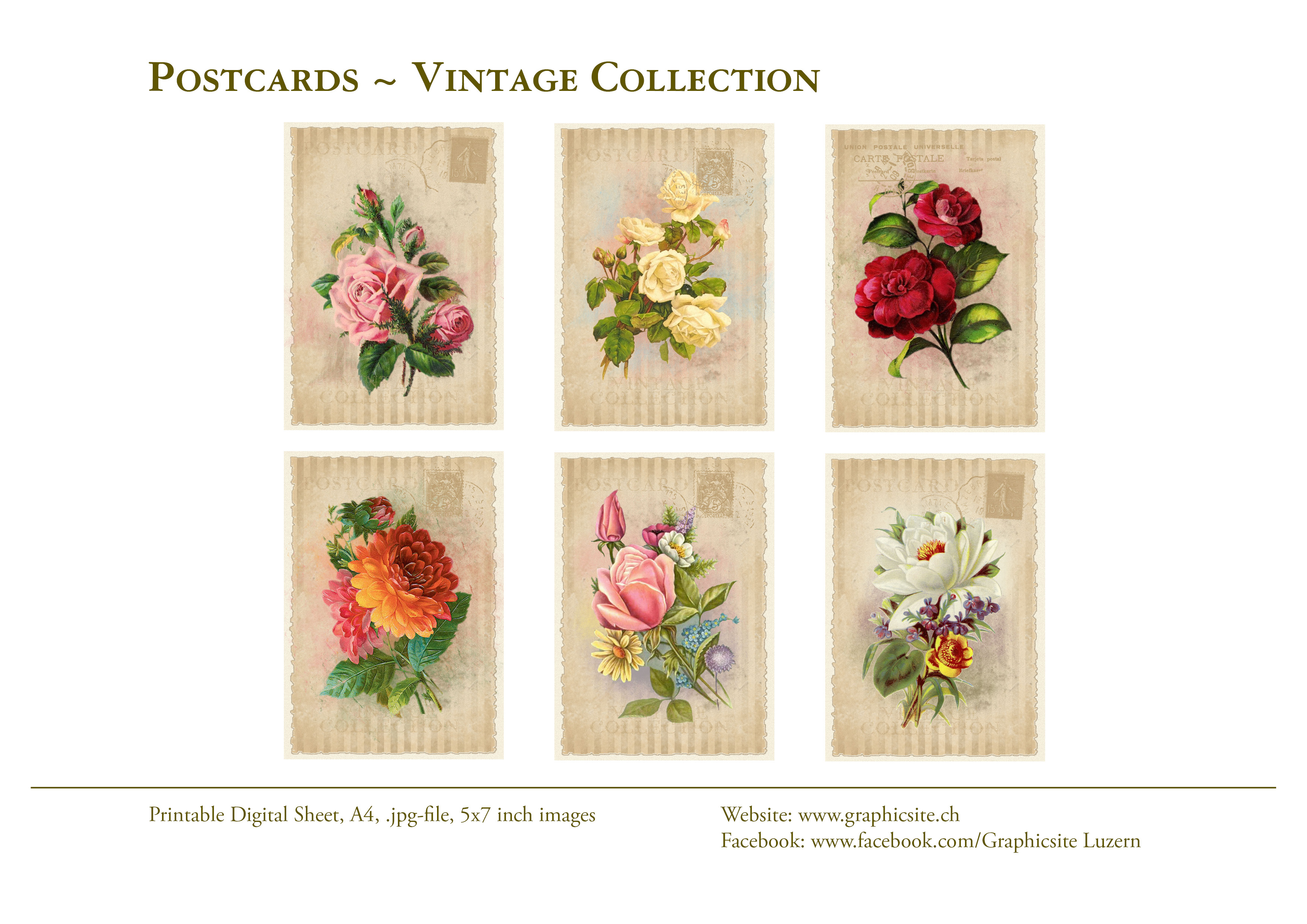 Printable Digital Sheets - DIN A-Formats - Postcards Vintage Collection - #printable, #digital, #sheets, #instant, #download, #cards, #postcards, #greetingcards, #flowers, #roses
